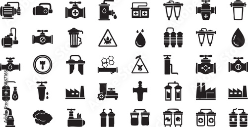 Thirty black silhouette style depicting industrial and medical equipment and symbols industrial silhouette medical equipment
