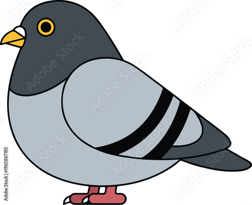 Plump Grey Pigeon with Black Wing Bars and Yellow Eye, Cute Cartoon Bird vector illustration

