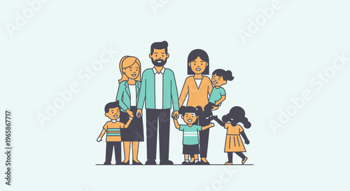 Happy Diverse Family with Parents and Multiple Children Standing Together, Portraying Love and Unity in a Bright Studio