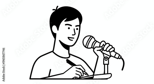 Young Man Public Speaking into a Microphone and Taking Notes, Engaged in an Interview or Presentation on Isolated White Background