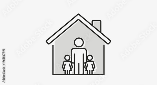 Outline Icon of a Family Home with Parents and Child Inside on a Bright Studio Background