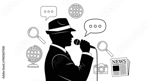 Male Journalist Speaking into Microphone, Reporting News with Media Icons on an Isolated White Background