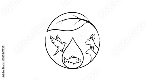 Environmental Protection and Nature Conservation Icon with Leaf, Water, Fish, Bird, and Kangaroo on an Isolated White Background