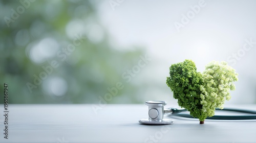 Healthy Heart and Medical Harmony: A symbolic heart crafted from vibrant green foliage rests beside a stethoscope, painted the scene for healthcare, wellness, and environmental consciousness.