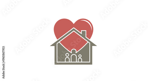 Loving Family Home with Heart Icon and Silhouette of Parents and Children on an Isolated White Background
