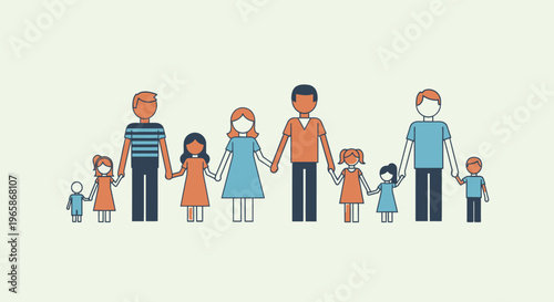 Diverse families holding hands together, representing various family structures, unity, and inclusion, in bright studio.