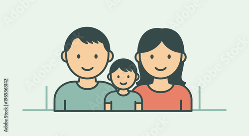 Happy small family portrait with father, mother, and child smiling warmly together, in bright studio.