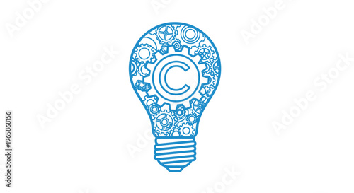 Blue light bulb with gears and a copyright symbol, representing intellectual property and innovative ideas, isolated white background.