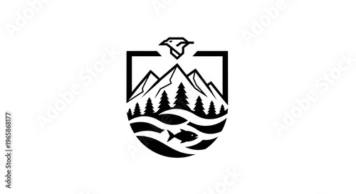 Nature conservation emblem with mountains, forest, river, fish, and bird in a shield frame, isolated white background.