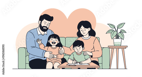 Happy family watching TV together on sofa in a cozy living room, sharing joyful moments.