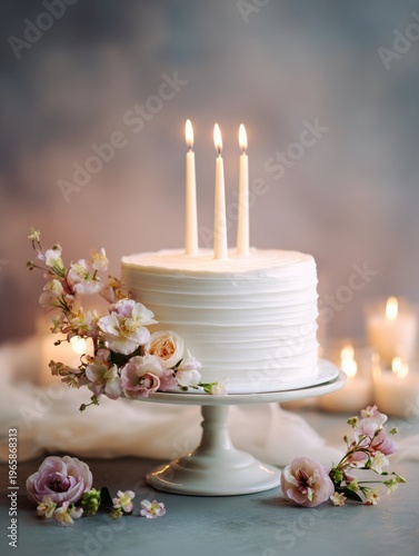Celebration With Cake and Candles Arranged on a Table With Flowers and Candles
