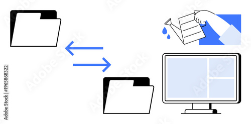 File management, data sharing, digital documents, computer interaction, online storage, user interfaces. Folders exchanging files, arrows indicate transfer. File management and data sharing concept