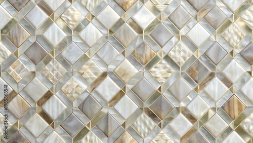 Intricate Mosaic Pattern of Diamonds and Squares with Pearlescent and Metallic Accents