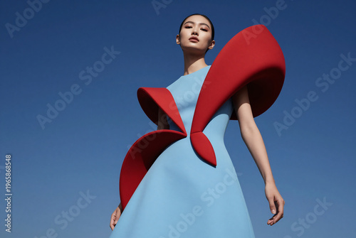Surreal Blue Dress with Sculptural Red Elements