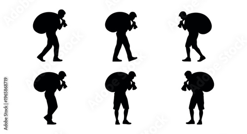 Set of silhouettes of a man carrying a heavy sack on his back