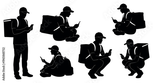 Silhouettes of delivery couriers with backpacks using smartphones