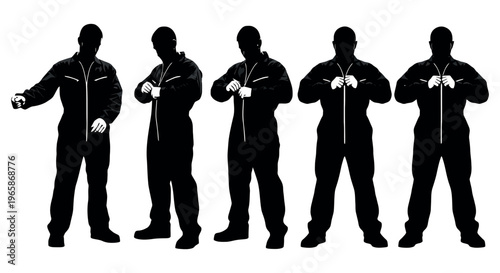 Silhouette of a man wearing coveralls in various poses