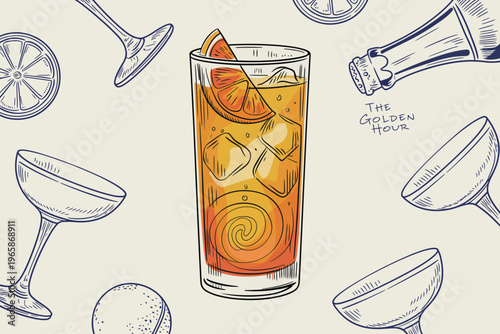 Orange Cocktail Drink with Ice and Citrus Slice in Tall Glass