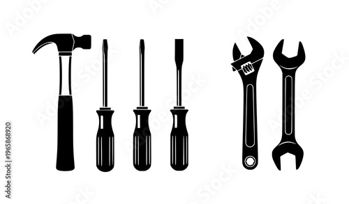 Black and white silhouette of various hand tools