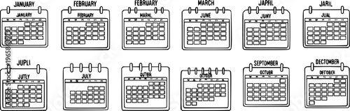 Every month of a year calendar icons. Set of black calendar icons. Vector illustration.