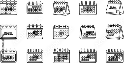 Every month of a year calendar icons. Set of black calendar icons. Vector illustration.