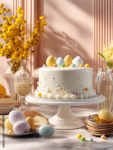 Easter Cake Decorated With Colorful Eggs and Flowers on a Table in a Bright S...