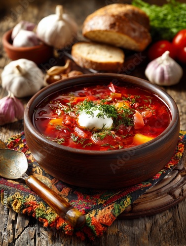 Bowl of Red Soup With Vegetables and Sour Cream on Table With Garlic and Brea...