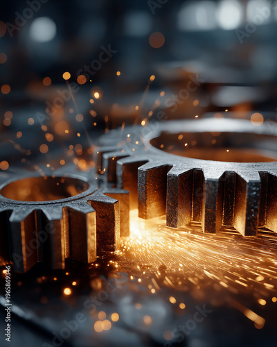 Wallpaper Mural Mechanical Harmony: Close-up of meshing gears, captured with precision, emitting sparks of innovation and symbolizing the seamless integration of technology.  Torontodigital.ca