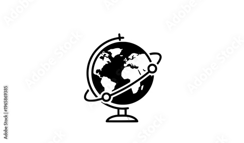 A black and white illustration of a globe on a stand