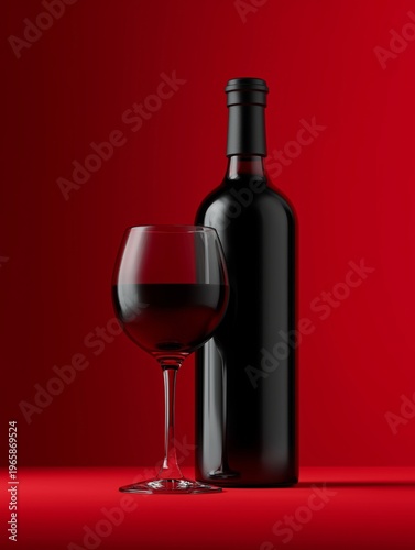 Dark Red Wine Bottle and Glass Set Against a Bold Red Background in a Simple ...