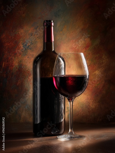Red Wine in a Glass Next to a Wine Bottle on a Table With a Warm Background