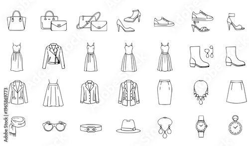 Fashion accessories and clothing line art illustrations