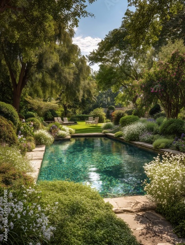 Garden With Pool and Lounge Chairs in Bright Sunlight