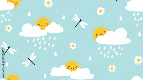 Playful seamless pattern for children features smiling suns, fluffy white clouds, falling raindrops, and dragonflies on a light blue background.