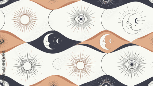 Seamless celestial pattern combines mystical symbols like the sun, crescent moon, and eyes in an elegant design with navy and terracotta tones.