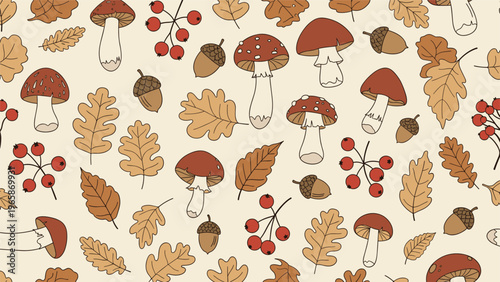 Beautiful seamless autumn pattern featuring a variety of mushrooms, acorns, clusters of rowan berries, and fallen leaves in warm seasonal tones.
