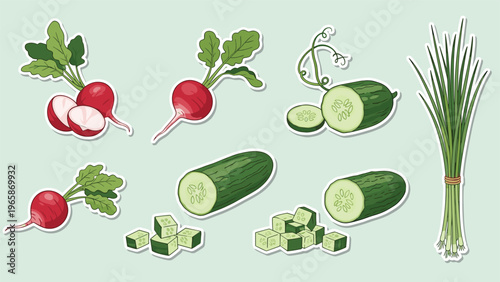 Colorful sticker set featuring fresh garden vegetables like red radishes with green leaves, sliced cucumbers, and a tied bundle of chives.