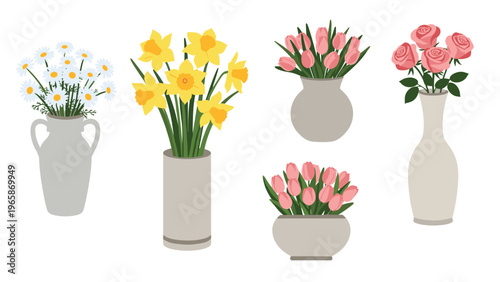 Set of five elegant flower bouquets featuring daisies, daffodils, pink tulips, and roses arranged in various stylish ceramic vases for home decor.
