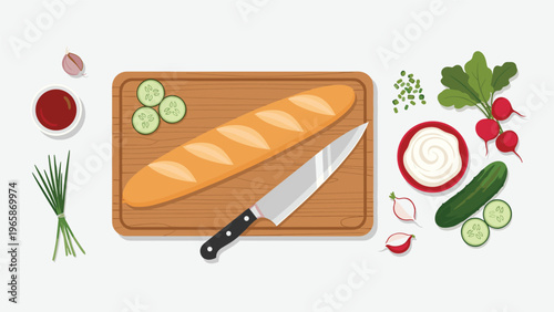 Delicious food composition featuring a fresh baguette on a wooden board with a kitchen knife, sliced cucumbers, radishes, and flavorful dips.