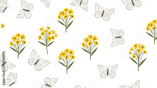 Whimsical repeat pattern showing clusters of bright yellow wildflowers and light gray butterflies fluttering across a minimalist white backdrop.