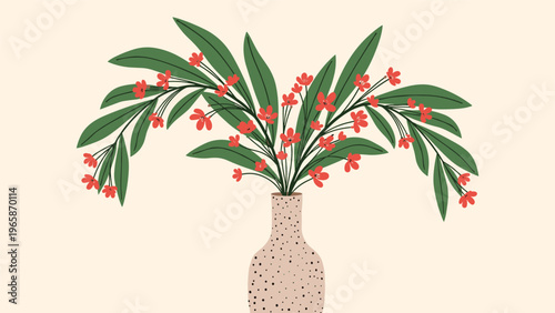 Elegant floral arrangement depicts red blossoms on green stems inside a speckled ceramic vase against a warm beige backdrop.