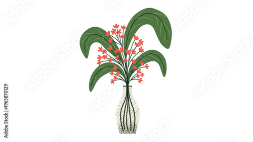Simple artistic illustration shows a bouquet of small red flowers held in a unique stippled glass vase with large leaves.