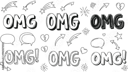 Doodle collection features the text OMG in multiple styles along with hearts, stars, and speech bubbles for social media.