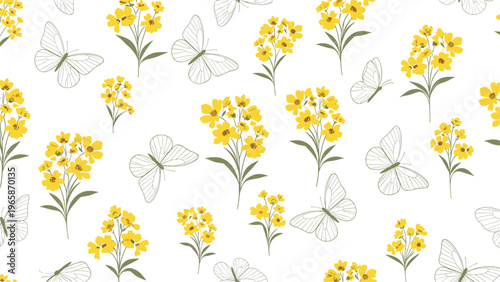 Seamless background pattern showcases vibrant yellow flower clusters and delicate white butterfly outlines on a clean white base.
