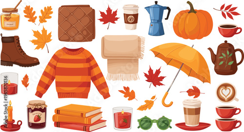 Cozy Autumn Lifestyle Elements Set with Sweater Pumpkin Coffee Umbrella Leaves and Books Warm Fall Illustration Collection for Seasonal Design and Hygge Mood