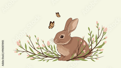 Adorable brown rabbit sits peacefully among blooming spring branches while colorful butterflies flutter nearby in nature.