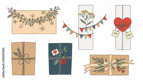 Collection of beautifully wrapped gift boxes and envelopes are decorated with ribbons, flowers, and festive bunting banners.