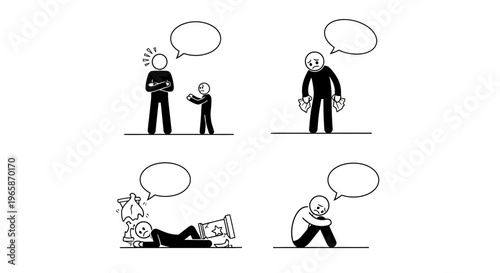 Stick Figures Depicting Negative Emotions and Situations, Including Conflict, Sadness, Collapse, and Solitude with Blank Speech Bubbles on Isolated White Background
