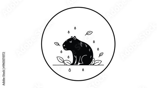 Circular black and white illustration portrays a calm capybara sitting in the rain surrounded by falling leaves and droplets.
