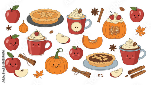 Delightful autumn collection features cute smiling apples, pumpkins, pumpkin pie, and warm spiced lattes with cinnamon sticks.